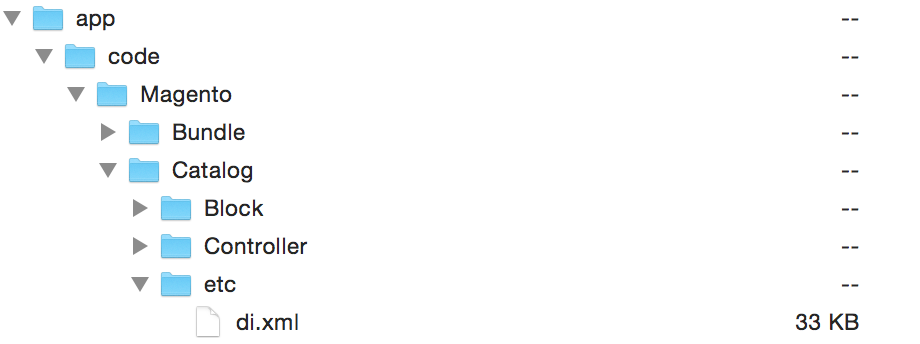 Image of Magento 2 directory tree with a di.xml file