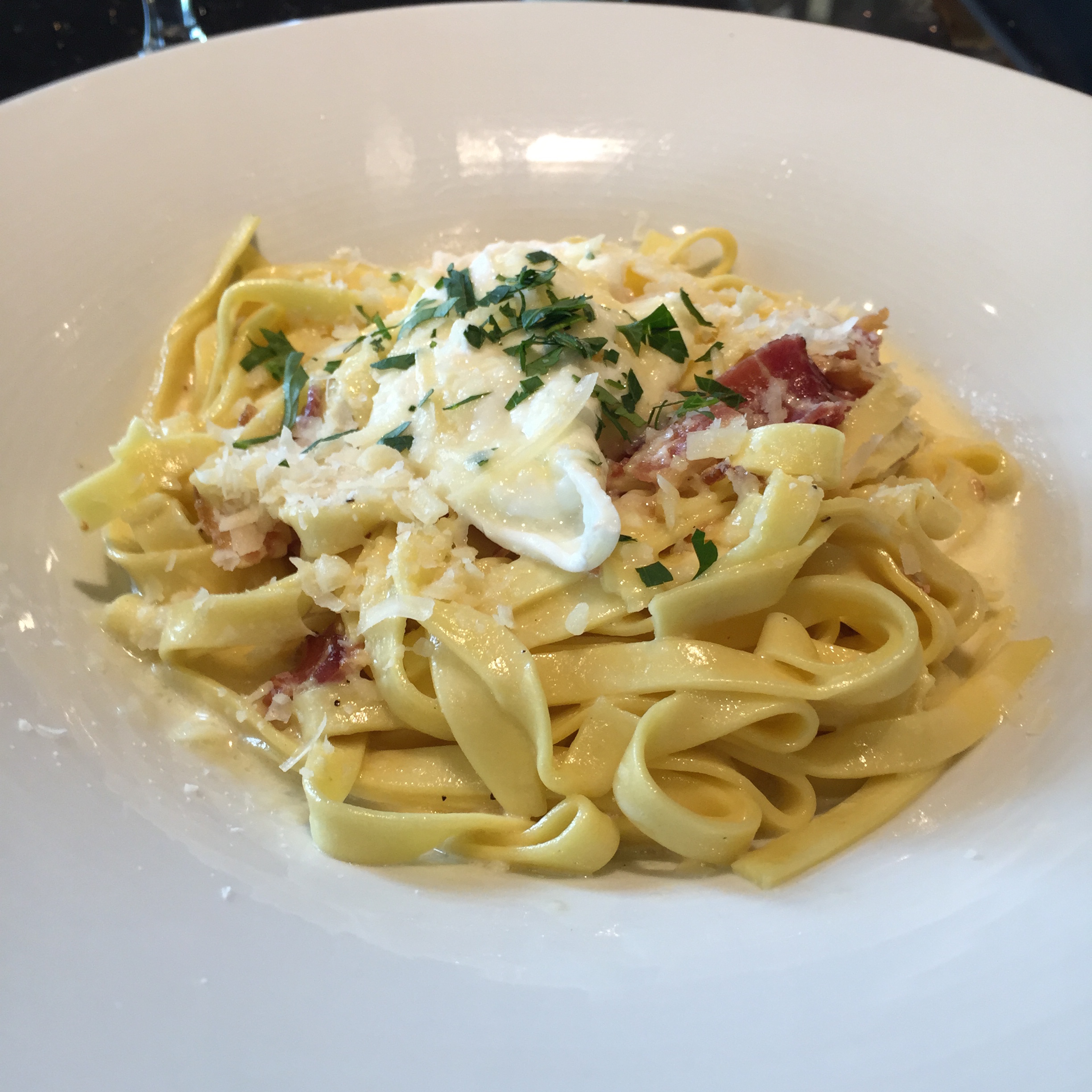 Fettuccine Carbonara Poached Egg and Smoked Bacon